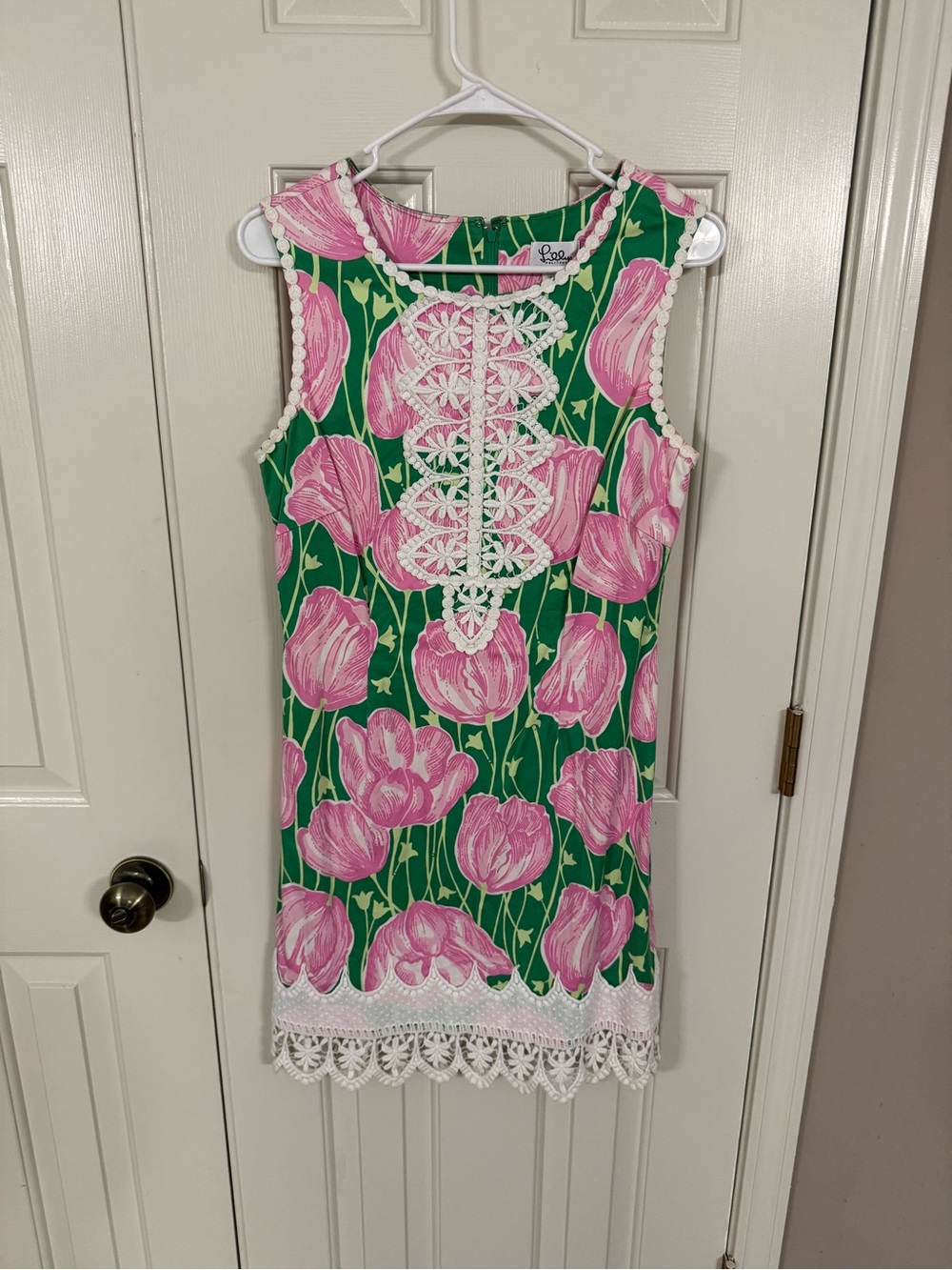 Lilly Pulitzer Green Dress with Pink Floral Print and White Lace